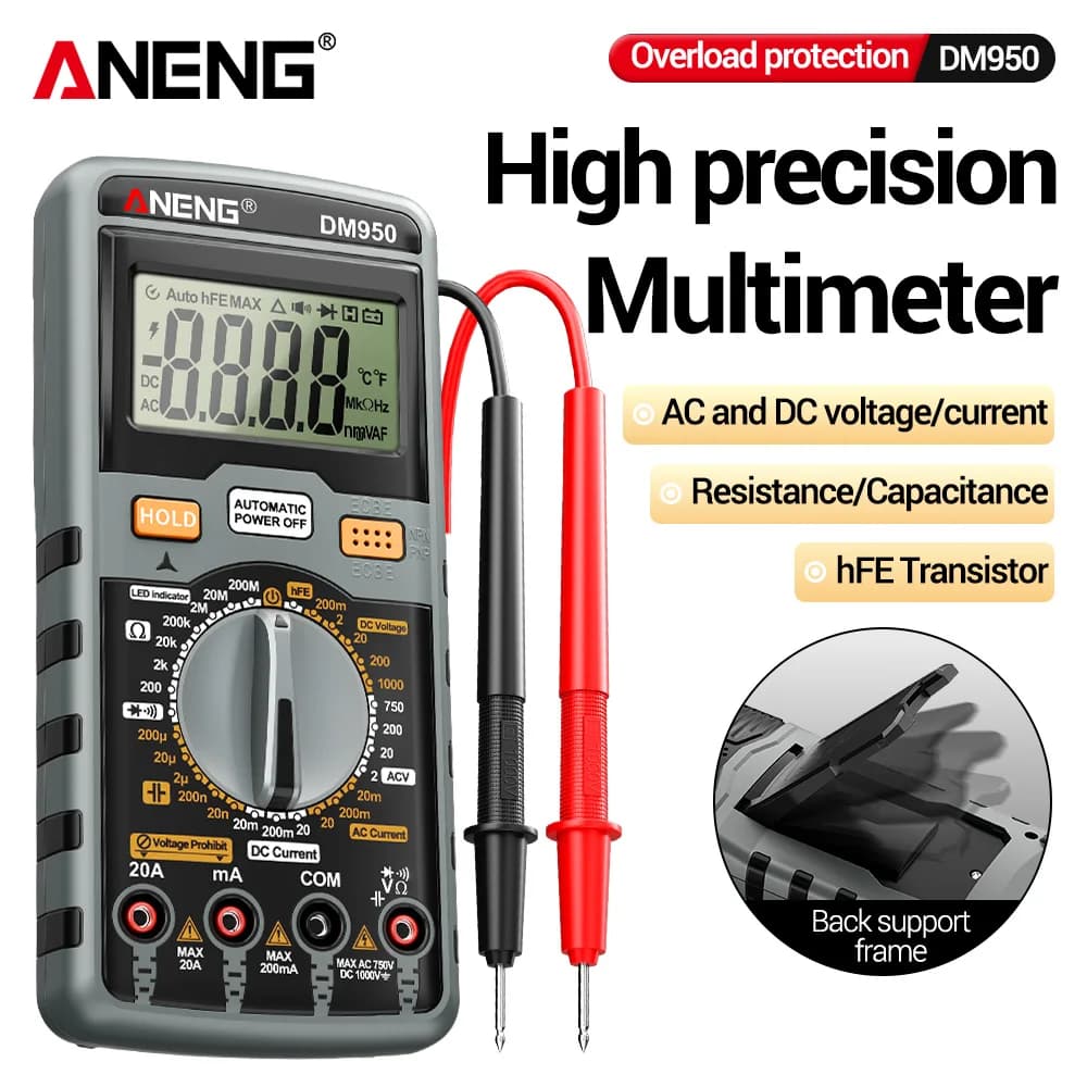 ANENG DM950 Handheld Digital Multimeter 1999 Counts AC DC Voltage Current Ohm Capacitance NCV HFE Detector Electrician Tools