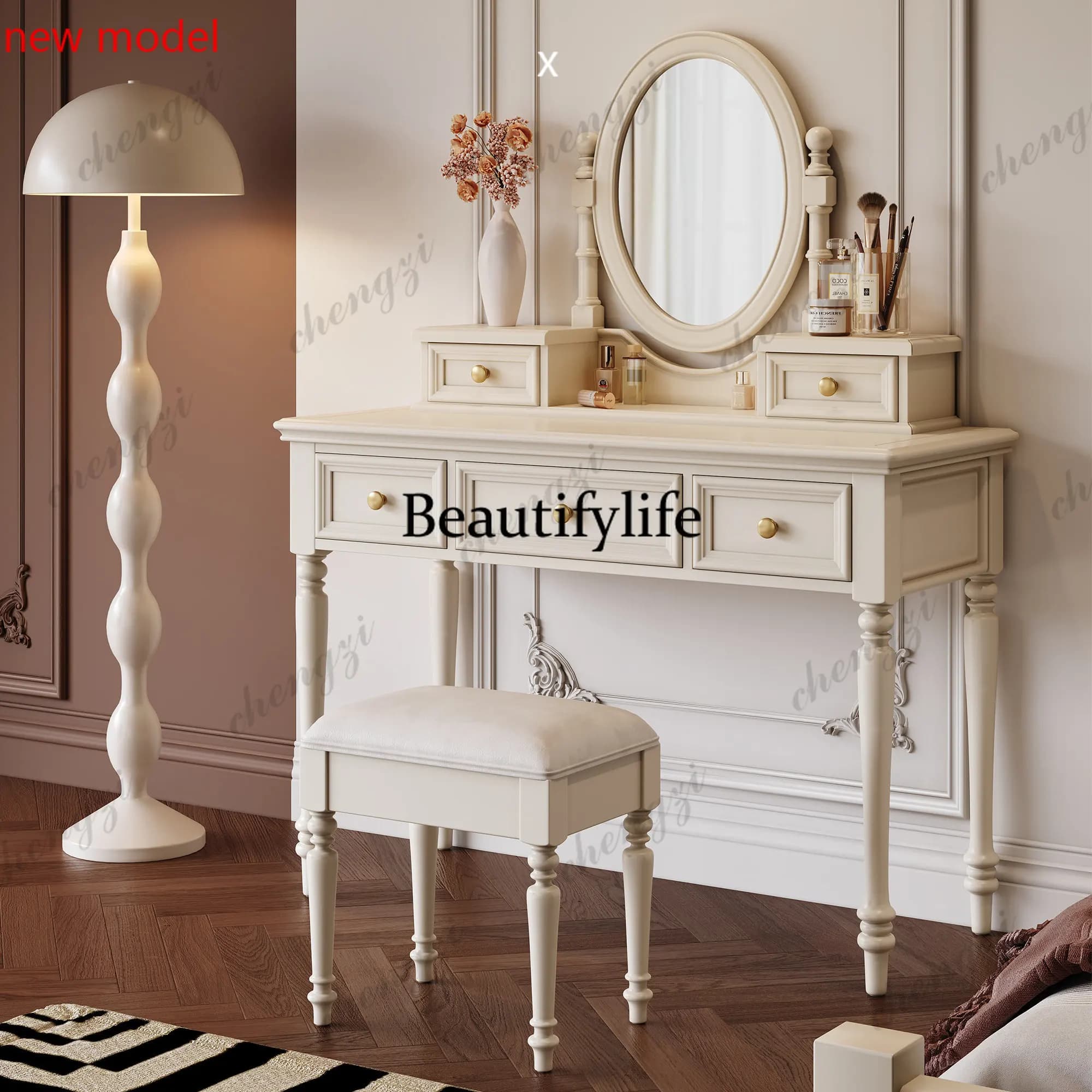 American all-solid wood bedroom dresser makeup table light luxury, French, white mirror with drawersN138