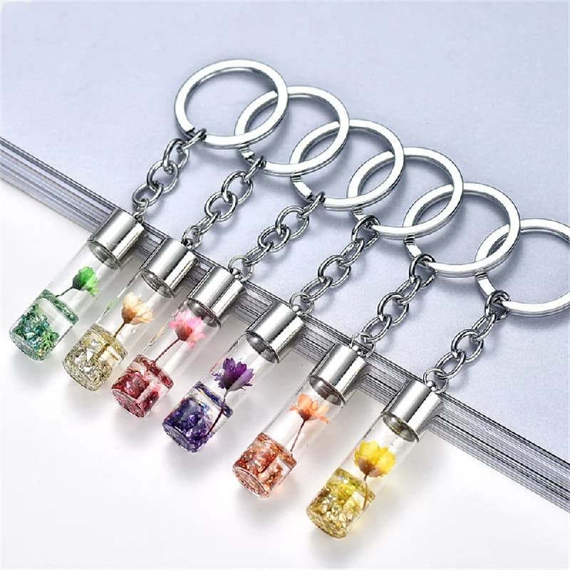 Immortal Flower Car Key Chain Small Pendant Plant Dried Flower Glass Bottle Car Pendant Decorative Dressing Accessories