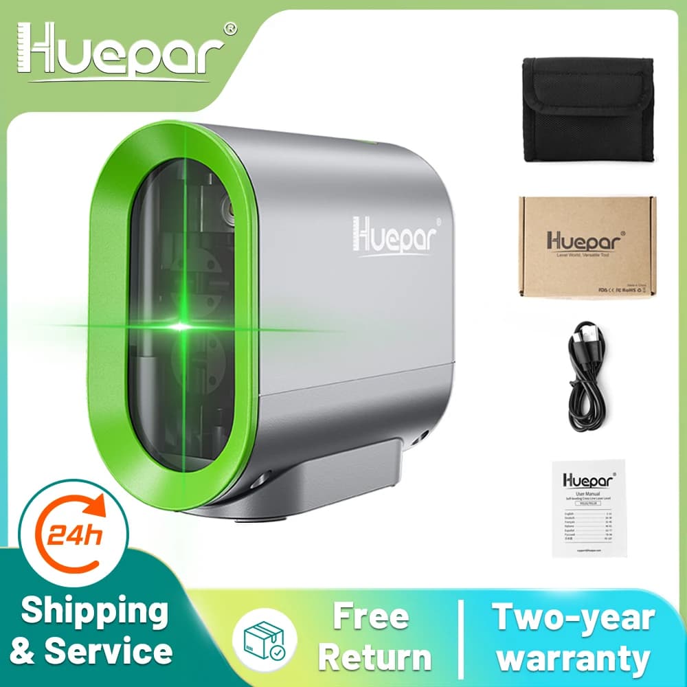 Huepar 2 Lines Self-leveling Laser Level & Rechargeable Li-ion Battery Green Beam Cross Line with Pulse Mode & Tripod Laser Tool