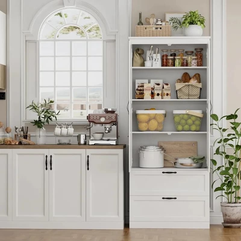70" Tall Kitchen Pantry Storage Cabinet with Barn Doors, Drawers, and Adjustable Shelves - Modern Farmhouse Design for Kitchen