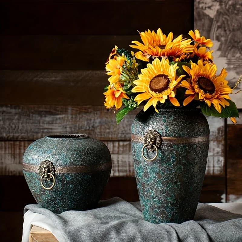 Vintage Distressed Ceramic Vase with Copper Ring Plant Pot Handcrafted Flower Vase Home Decoration Room Accessories Gift