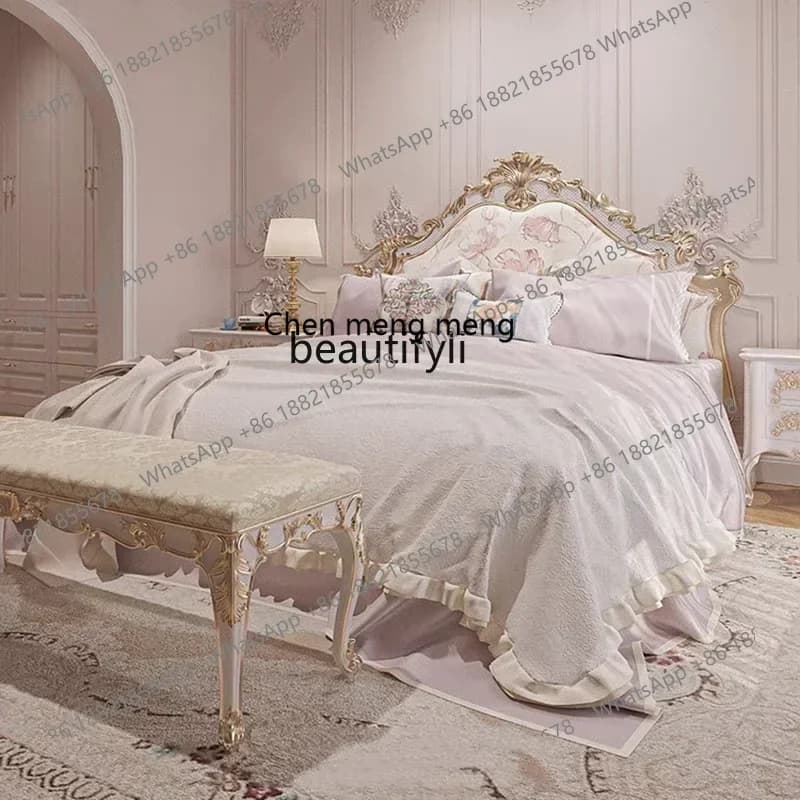 SS ss7486 French light luxury romantic princess bed, European solid wood bed, cream-colored carving, master bedroom solid wood b
