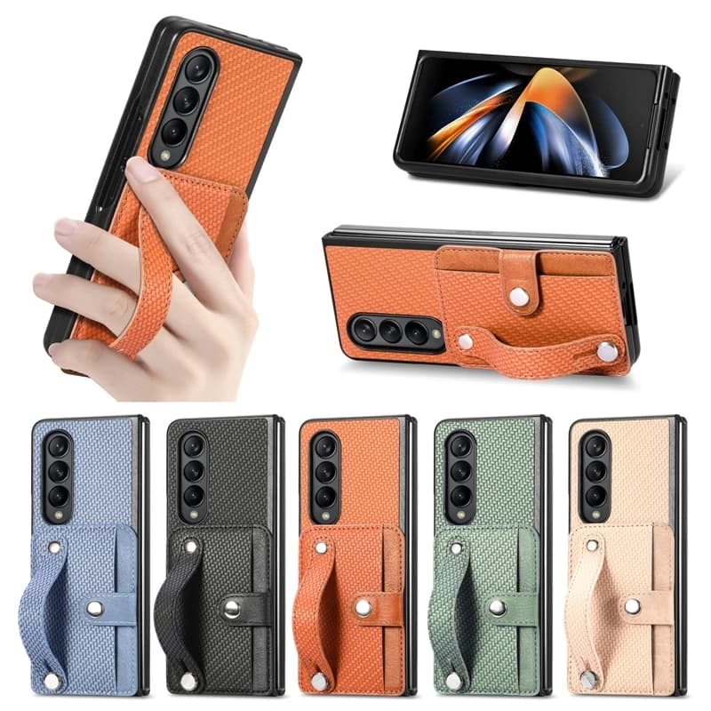 Fashion Flip Wallet Phone Cover For Samsung Galaxy Z Fold 5 4 3 2 Full Protection Shockproof Anti-Drop Wrist Strap Phone Case