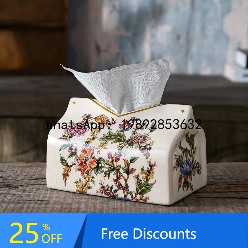 YFY Retro Ceramic Tissue Box Ornament European Style Gold-Embossed Tissue Box Housewarming Living Room Coffee Table