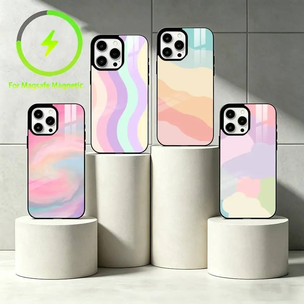 Macaroon color matching Phone Case For iPhone 17 16 15 14 13 12 Pro Max Plus for Mirror Wireless Magnetic Cover