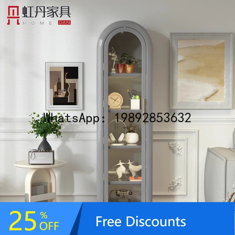 XL French Cream Style Arched Bookshelf Glass Door Display Cabinet Wine Cabinet for Home Use