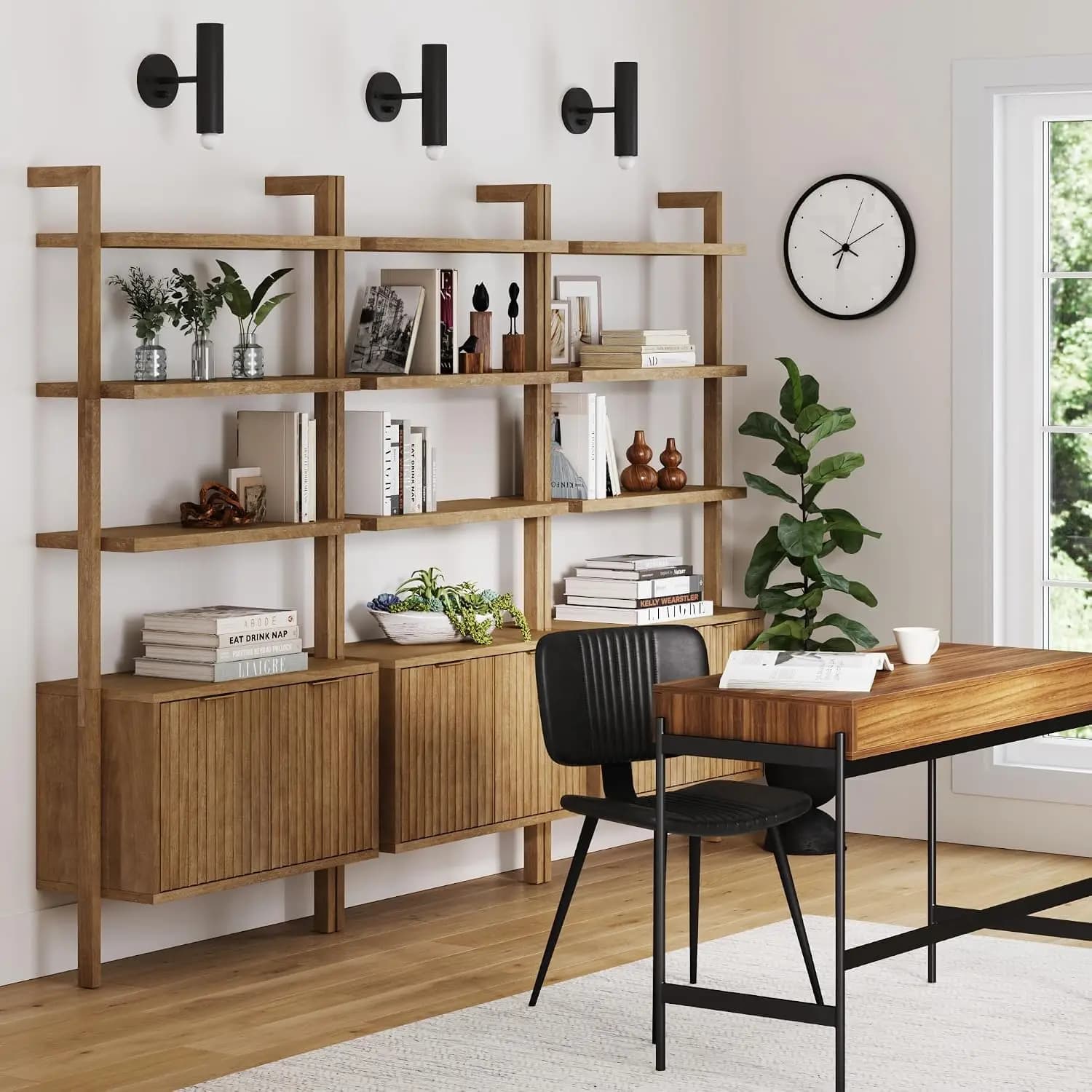 Nathan James Jasper 3-Shelf Solid Wood Boho Bookshelf, Wall Mounted Bookshelf with Cabinet with Fluted Doors, Light Brown, Set o