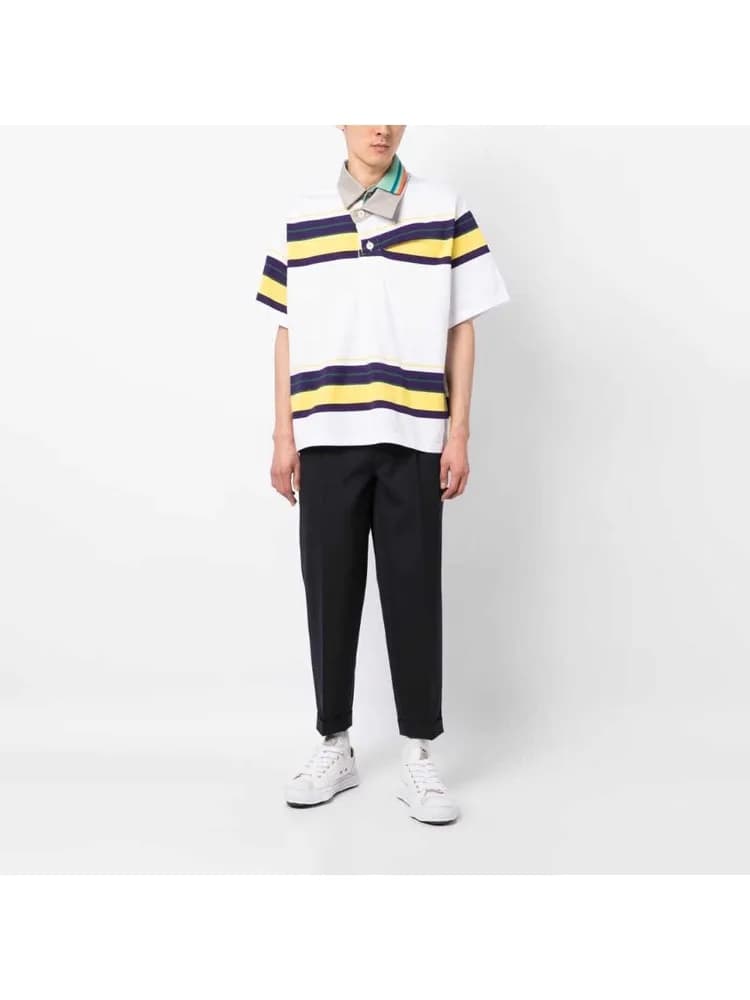 KOLOR Japanese Niche Horizontal Stripe Print Asymmetric Layered Collar Short Sleeved White Shirt for Men