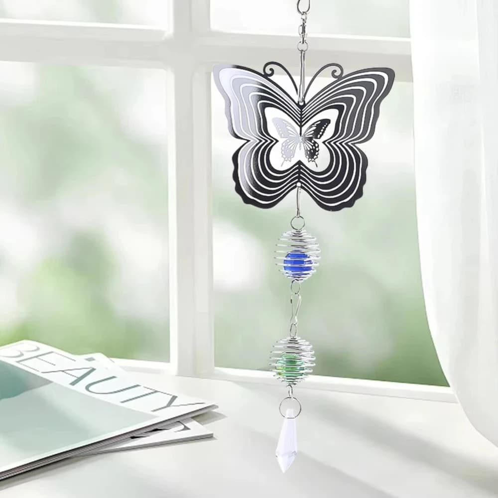 Stainless Steel Butterfly Crystal Pearl Cage Wind Chime Mirror-reflective 3D Rotating Sun Catcher Home Garden Hanging Decoration