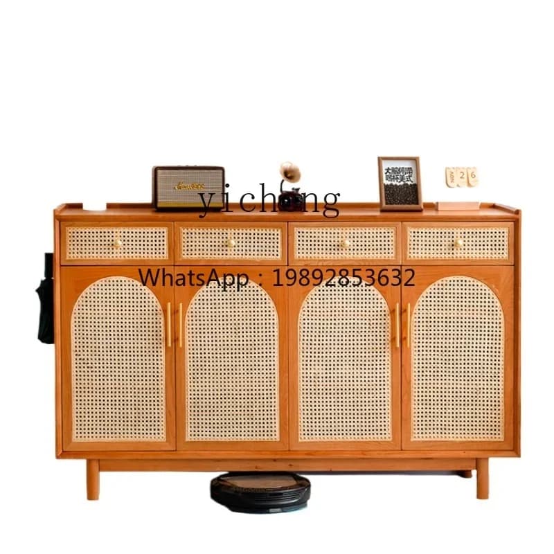 b9.21-Furniture Solid Wood Shoe Cabinet Home Doorway Rattan Hallway Cherrywood Storage Hallway