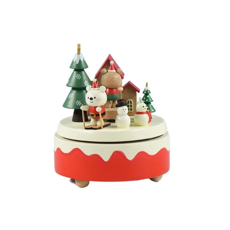 Red and White Christmas Atmosphere Wooden Rotating Music Box Holiday Gifts
