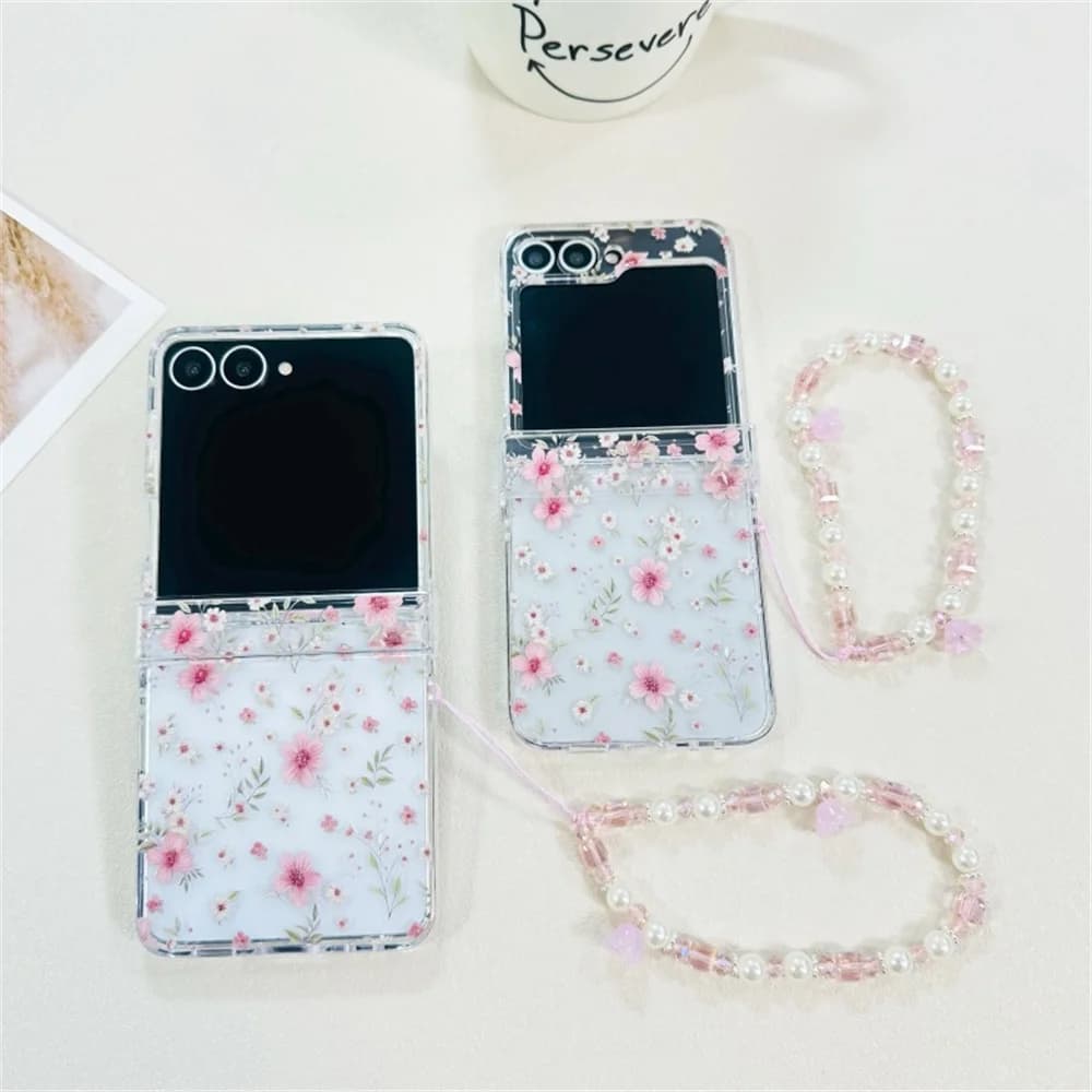Delicate Pastel Pink Cherry Blossom Floral Print Phone Case for Samsung Galaxy Z Flip 7-3 Crystal Bead Strap Protective Cover