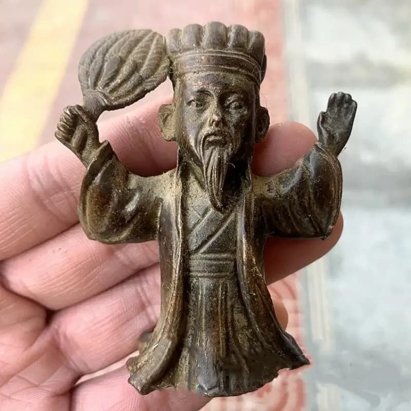 Antique Copper Collection Solid Tea Pet ZhugeLiang Mini Character Statue Handle piece Fragrance Insertion Tea Ceremony Crafts