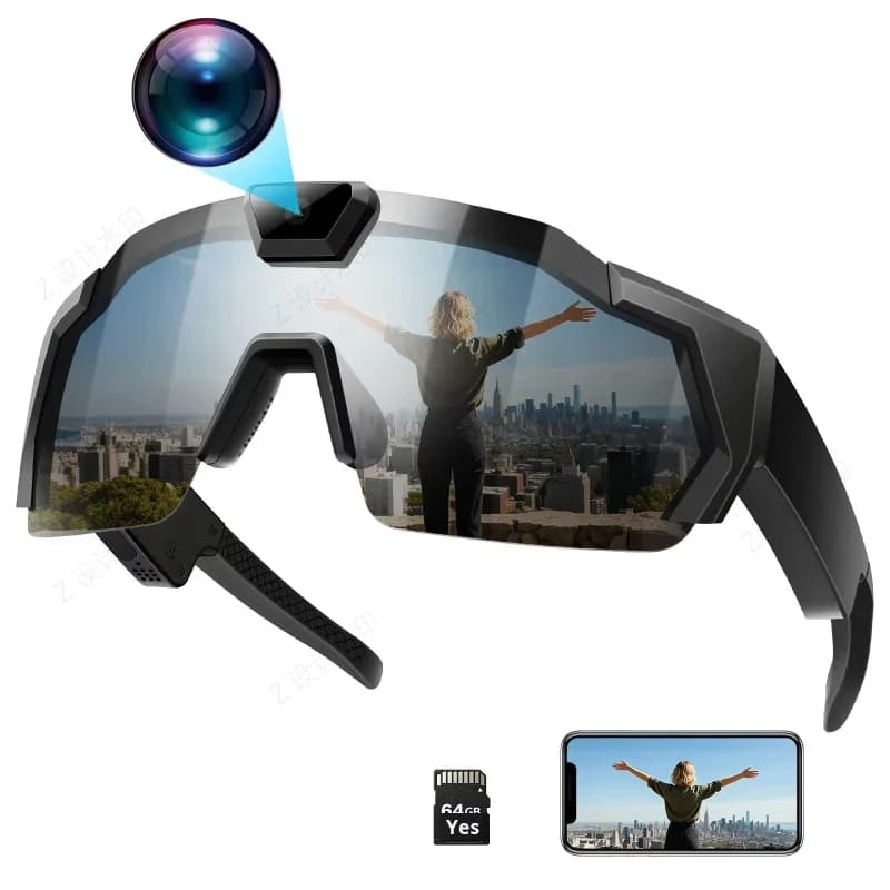 Smart Outdoor Cycling Glasses Black Plastic with Gray-Green Lenses Action Camera Recording Feature New