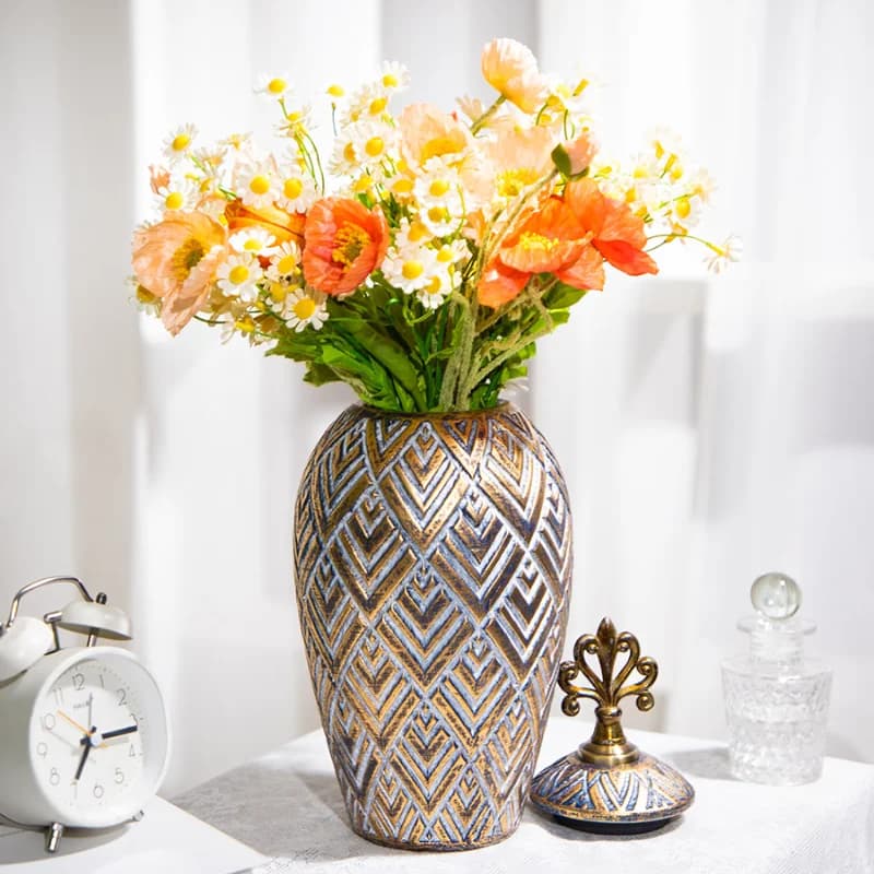 Handmade Metal Lid Storage Jar High Temperature Firing Relief Ceramic Vase Living Room Flower Ornament