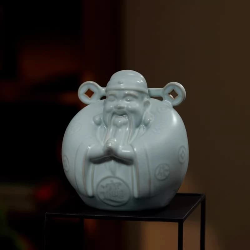 Ru kiln God of Wealth ornament, living room light luxury high-end entrance office desktop decoration, niche retro ceramic gifts