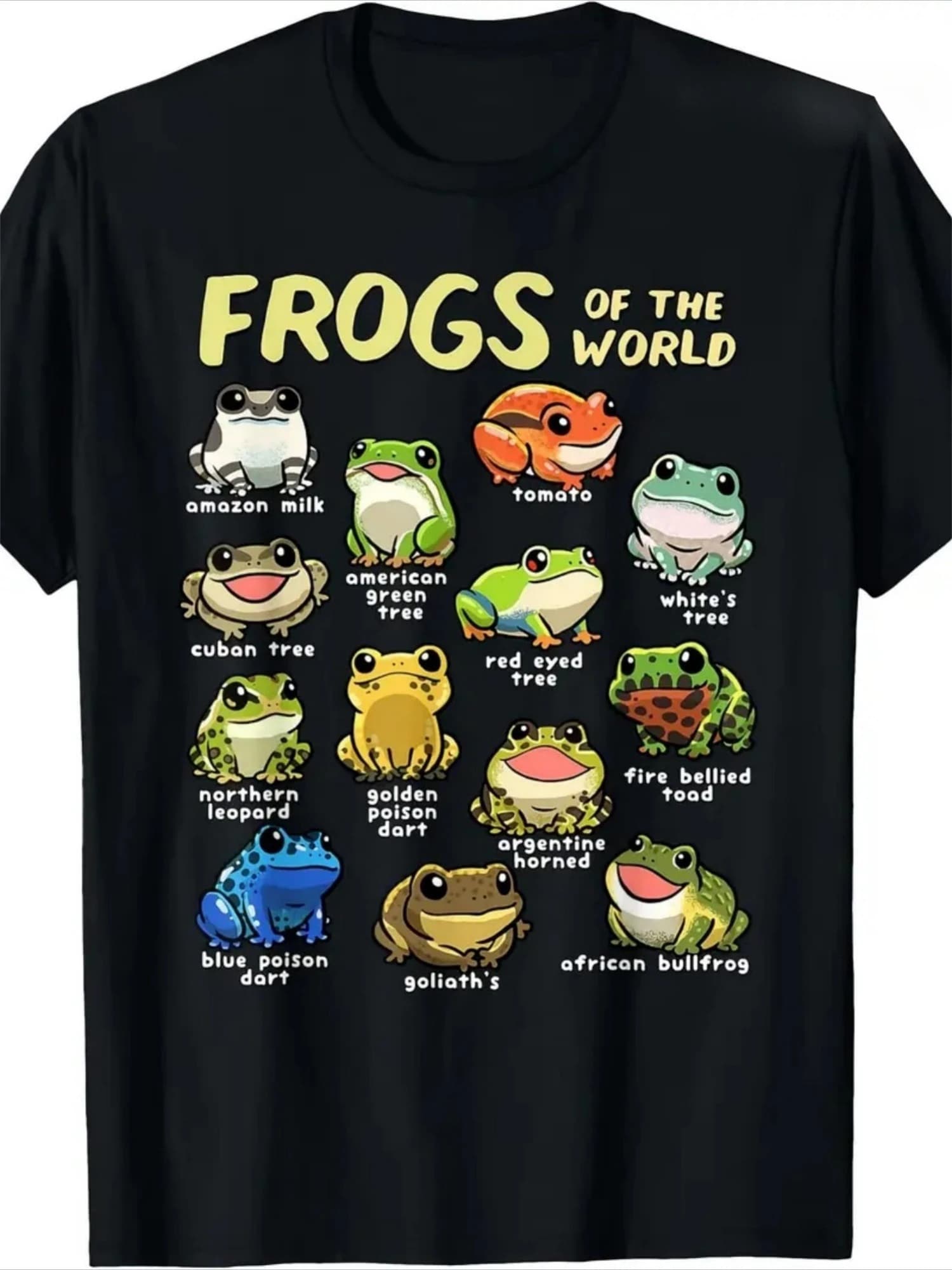 with Colorful Frog Graphic&"Frogs of the World" Text design-100% cotton summer casual O-neck short sleeve printed men's T-shirt.