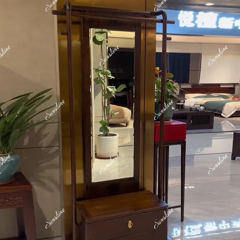 New Chinese style, hat rack floor-to-ceiling full-body mirror hanging hanger, bedroom storage and storage integrated