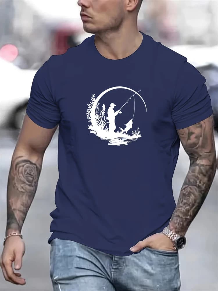 Stylish Fishing pattern -100% cotton summer short-sleeved O-neck men's printed T-shirt.