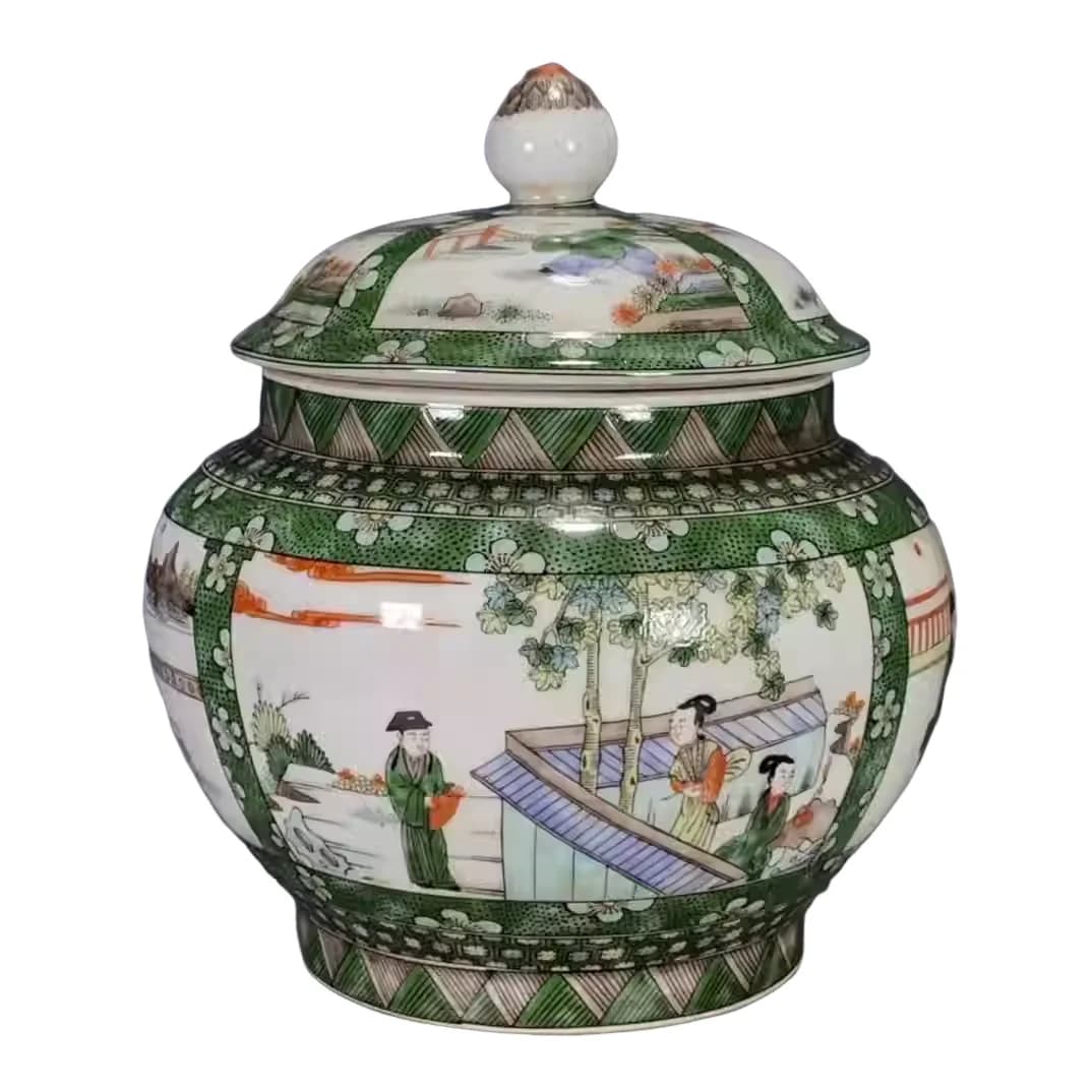 Ancient Color Figure Tea Caddy Chinese Antique Vintage Collectible Old Porcelain Storage Jar Home Decor Ornament