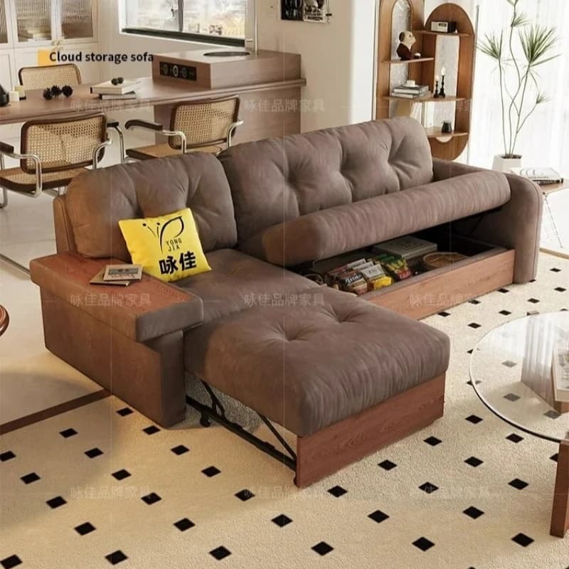 LTT1 retro style small apartment living room dual-purpose storage belt storage straight row fabric sofa