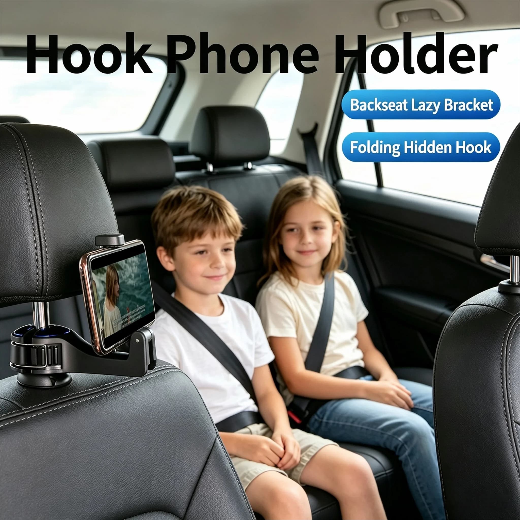 2-in-1 Car Headrest Phone Holder Foldable Hidden Hook For Rear Seat Lock Type Mobile Phone Stand Vehicle Storage Organizer