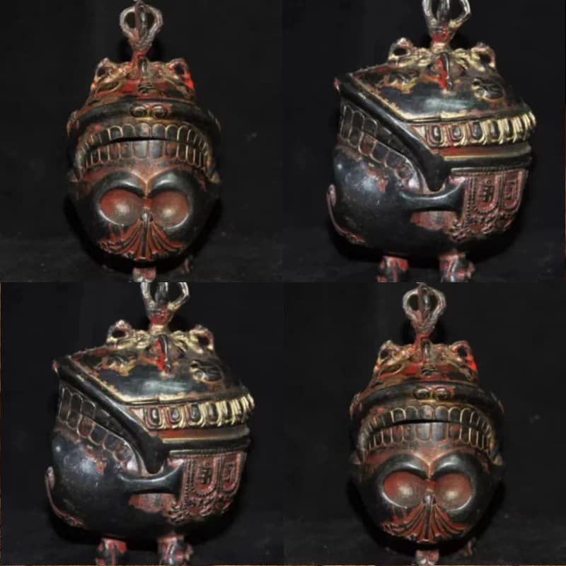 Old Tibet Exorcism Skeleton Skull Three Legged Cross Vajra Phurpa Incense Burner Censer