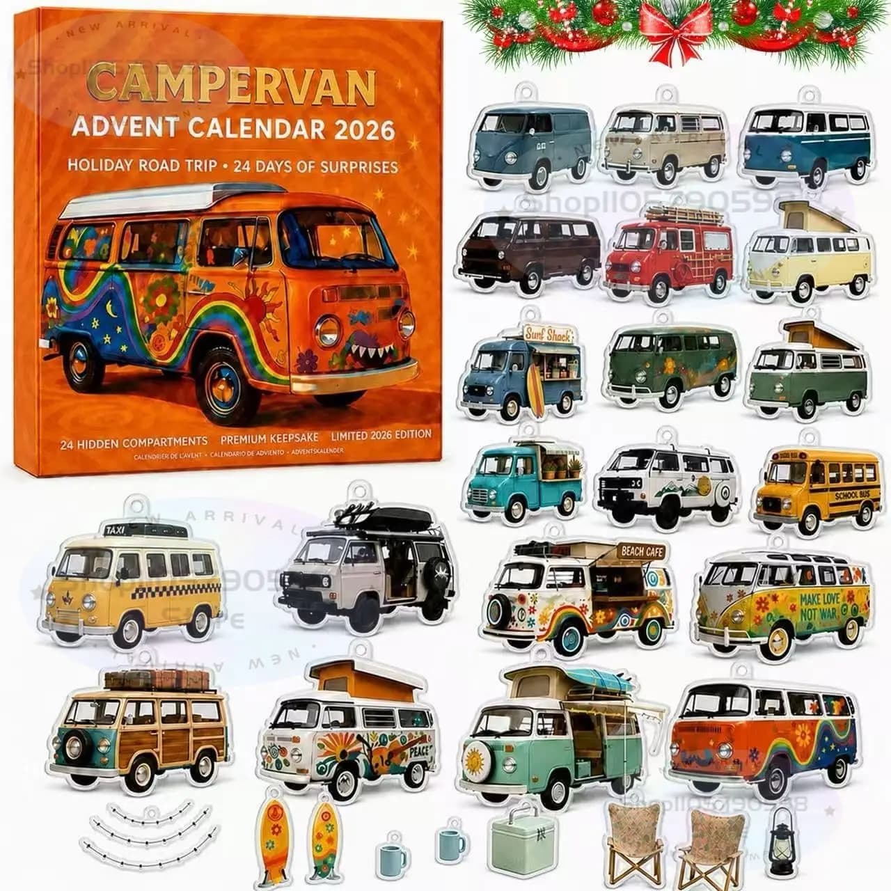 Campervan Advent Calendar 2026 Car Countdown Calendar Christmas Ornaments,Car Advent Calendar with 24 Pieces Acrylic Campervans