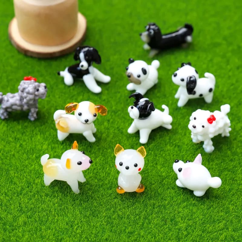 10pcs Mini Glass Puppy Figurines Handmade Cartoon Dog Statues Teddy Corgi Micro Landscape Desktop Decor Gift