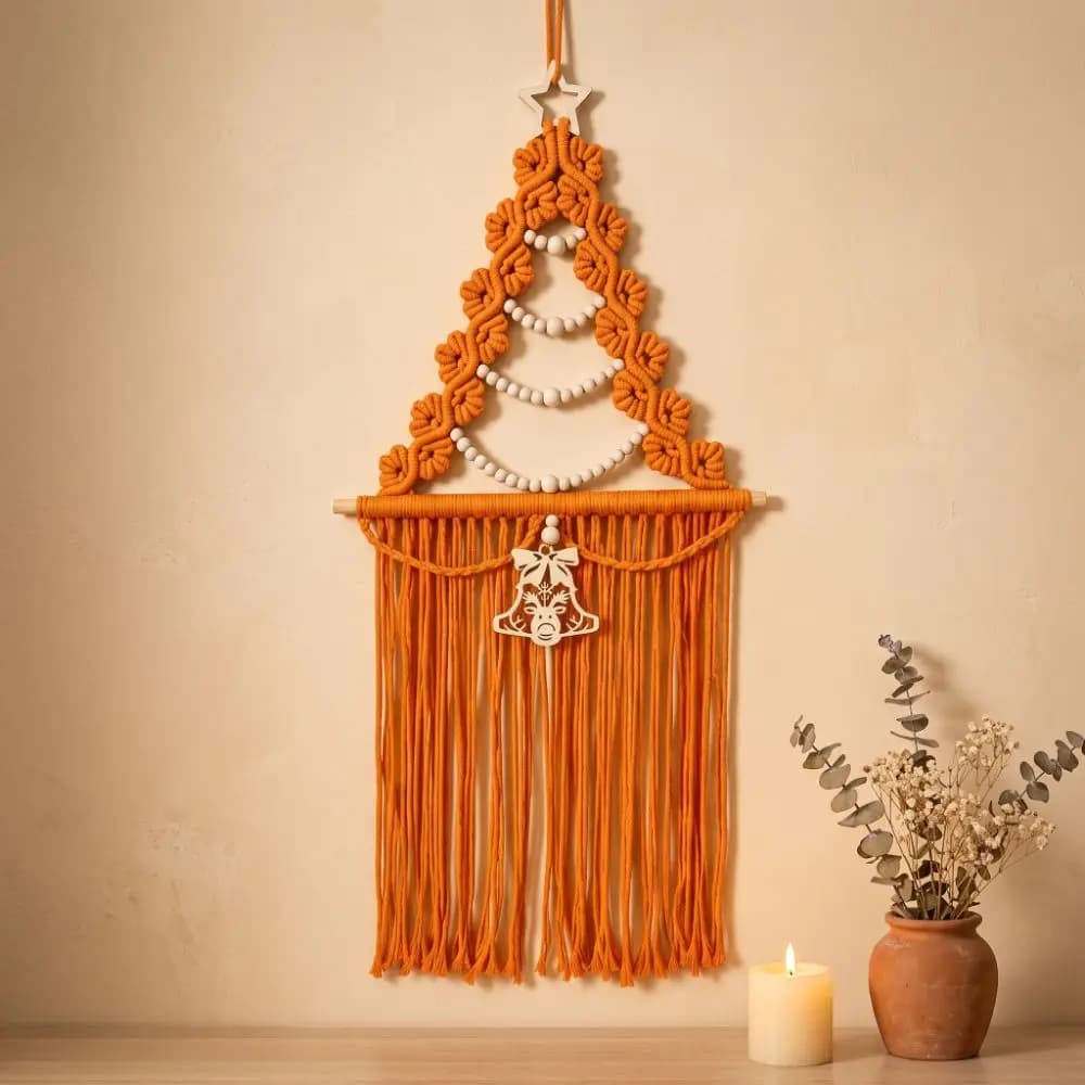 Wood Beads Christmas Tree Macrame Tapestry Aesthetic Woven Wall Hanging Pendant Art Decorative Xmas Wall Decor Gift