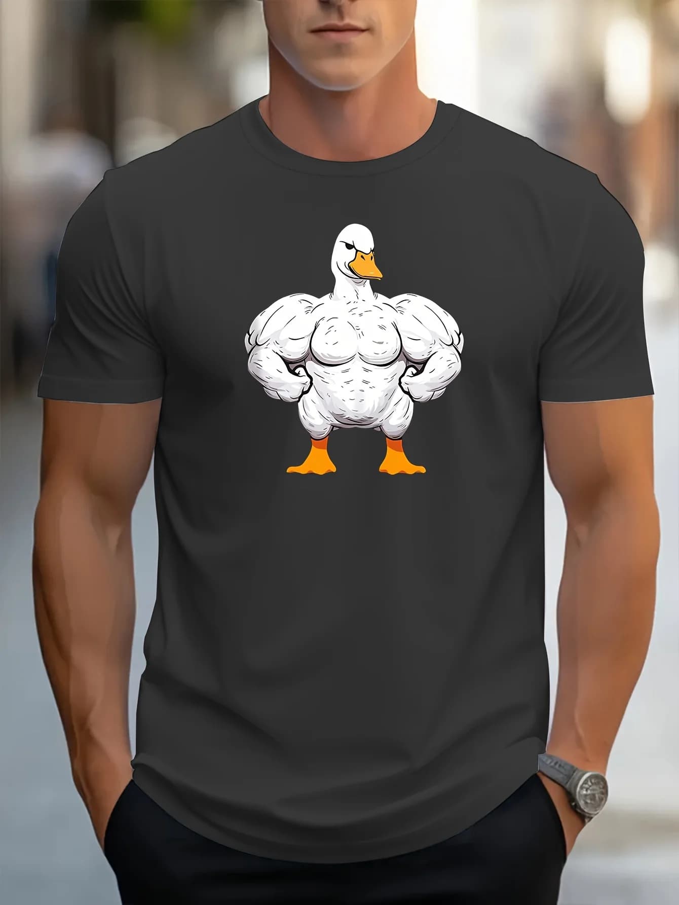 Cartoon Muscle Duck Pattern -100% cotton summer short sleeve O-neck printed men's T-shirt.