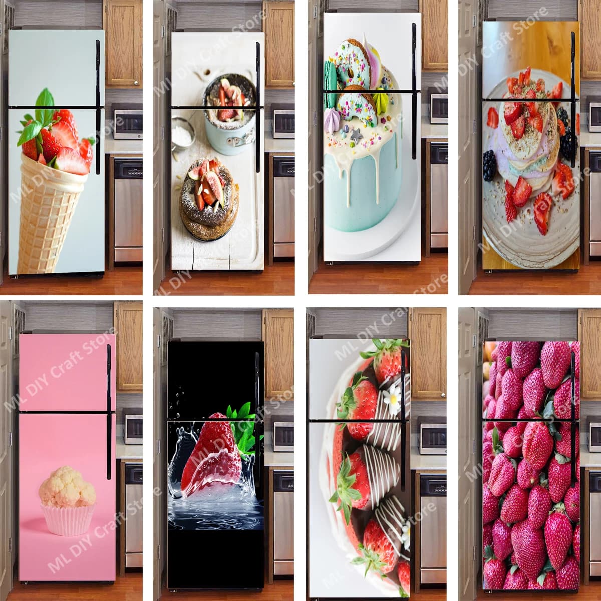 Strawberry Cake 3D Wallpaper Refrigerator Self Adhesive Wall Sticker Fruit Decal Fridge Full Cover Poster Mural for Kitchen
