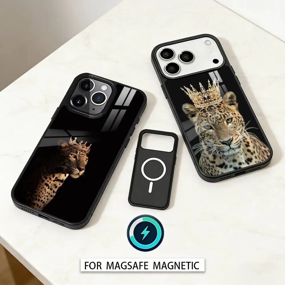 L-Luxury L-Leopard Print Fashion Phone Case Magnetic For iPhone17 16 15 14 13 12 Pro Max For Magsafe Wireless Charging Cover
