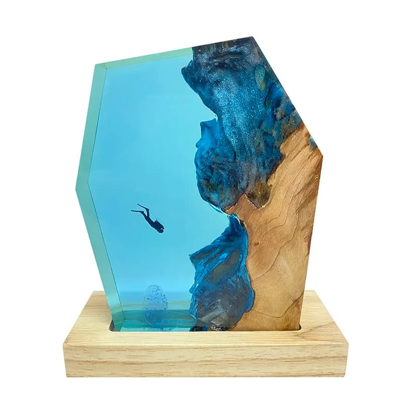 Miniature Landscape Marine Diver Solid Wood Resin Lamp Art Piece for Atmosphere Home Decoration Craftwork Exquisite Gift