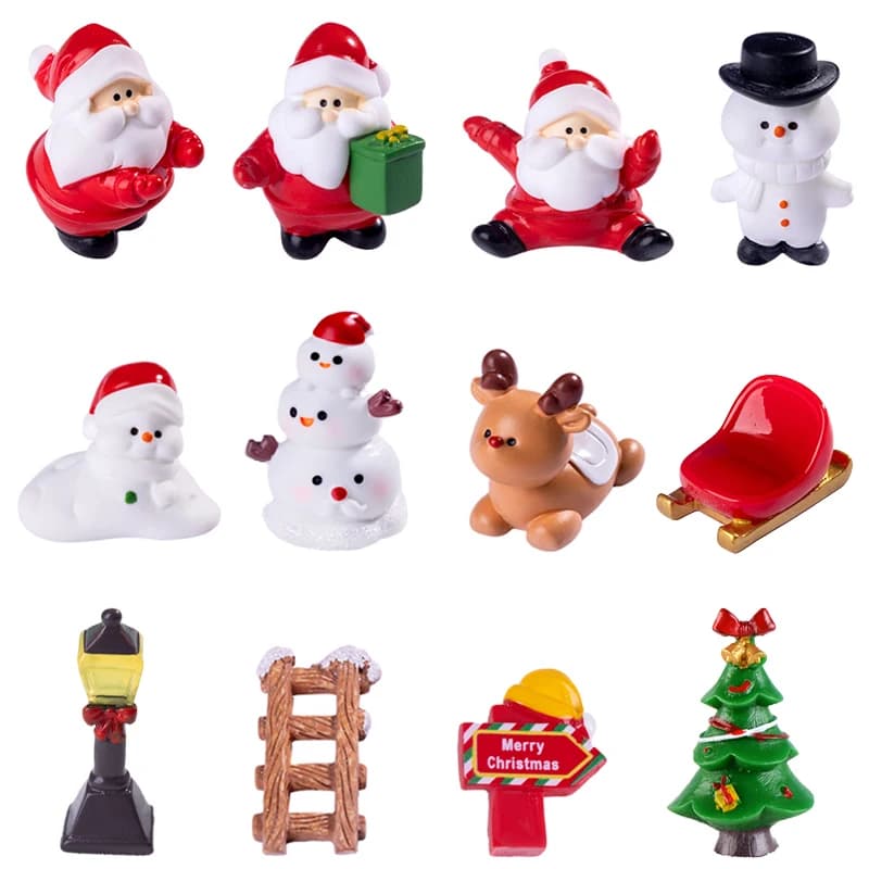 12Pcs Mini Christmas Figurines Miniature Christmas Ornaments Santa Claus Xmas Tree Snowman Gift Festival DIY Home Decoration