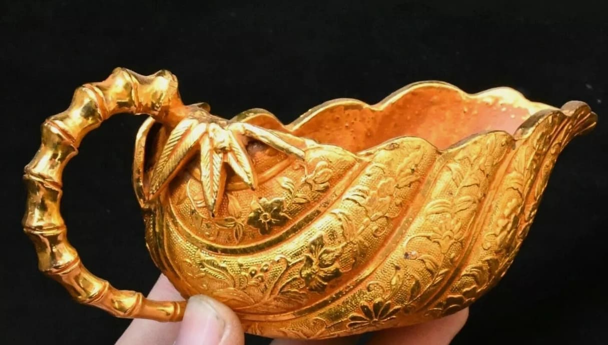 5.9''Old Chinese Dynasty Bronze Gilt Palace Bamboo Drinking Wine Glass Cup