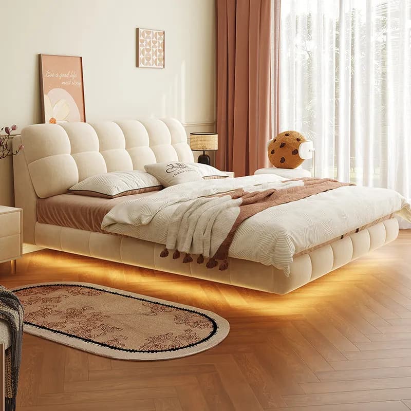 Light Girls Backrest Bed Decoration Velvet Elegant Lounges Luxury Adults Bed Queen Modern Floating Camas Bedroom Furniture