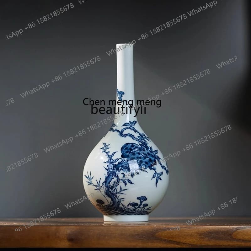 E153 Ceramic Vase Jingdezhen Hand-painted Blue and White Hand-painted Fu Shou Five Peach Gourd Vase Accessories Ornament