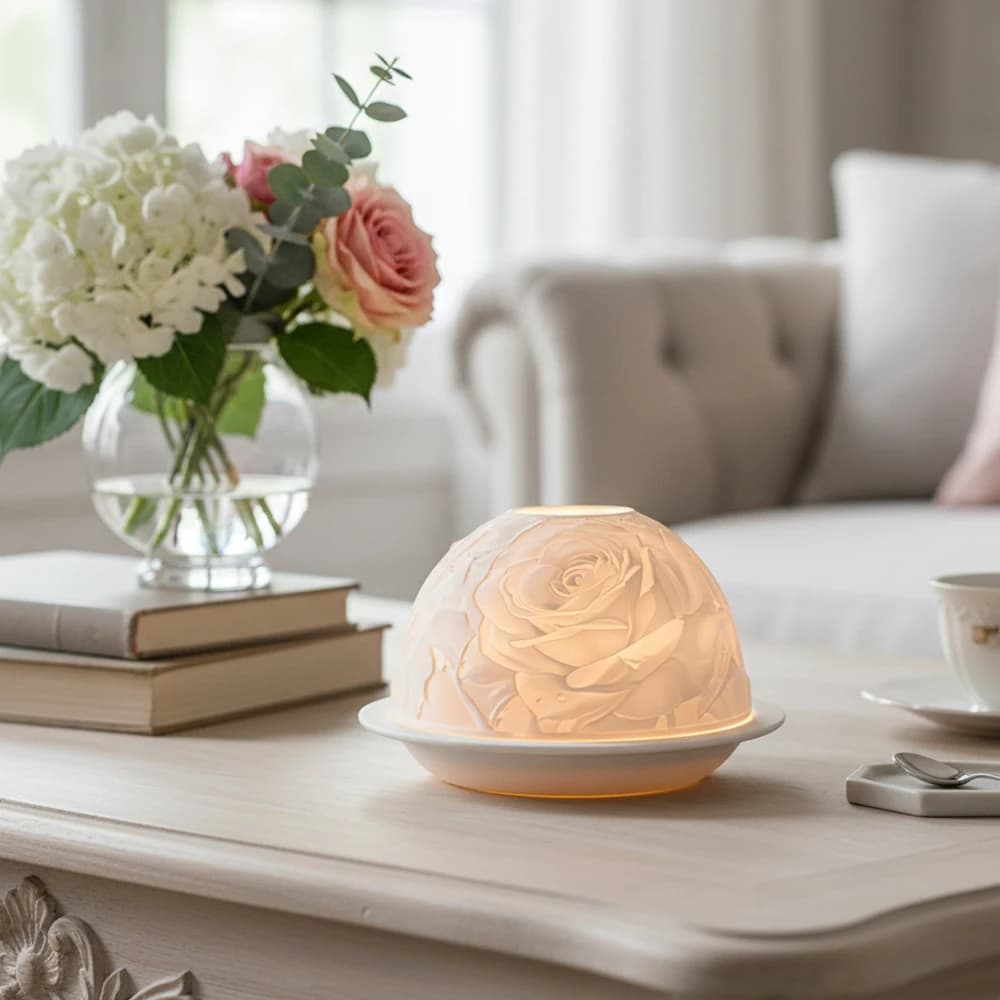 Elegant Rose Porcelain Candle Holder Warm Glow Night Light for Living Room Bedroom Romantic Wedding Decor Votive Tea Light Gifts