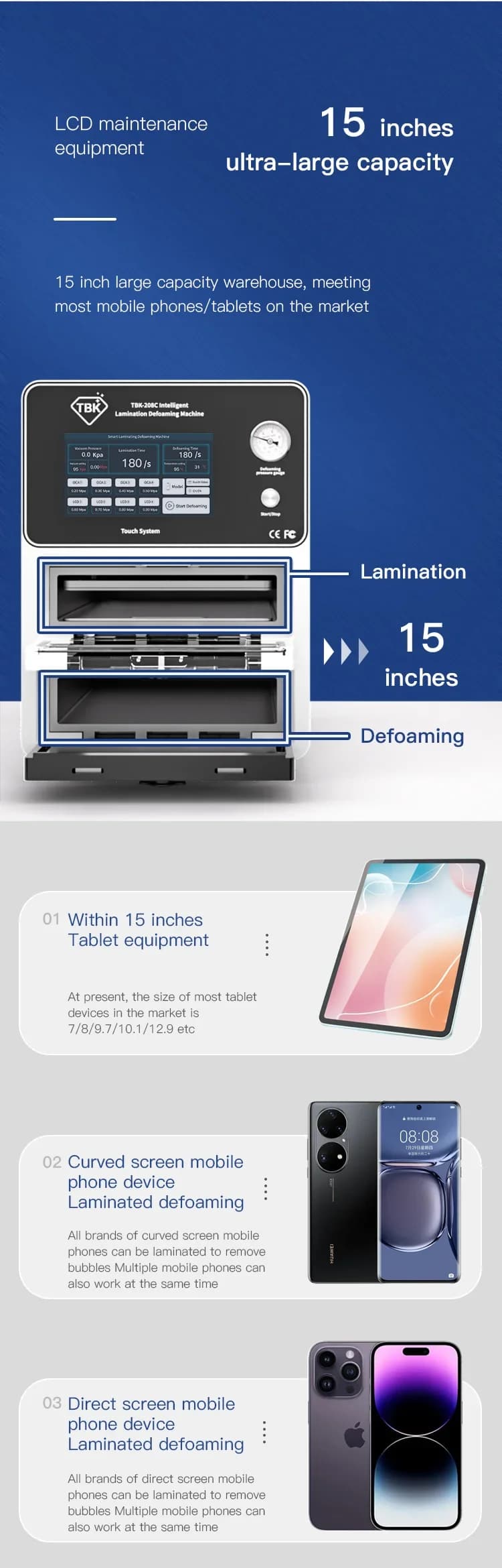 Gold Seller TBK 208C Tablet Screen Refurbishment Machine 15 Inch Vacuum Laminator Defoamer for iPad Pro Surface Curved Edge Phon
