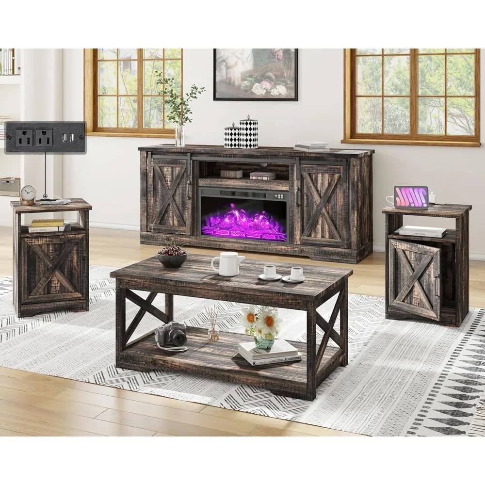 5-piece farmhouse table set including fireplace TV stand, coffee table with charging dock and USB port, farmhouse table set