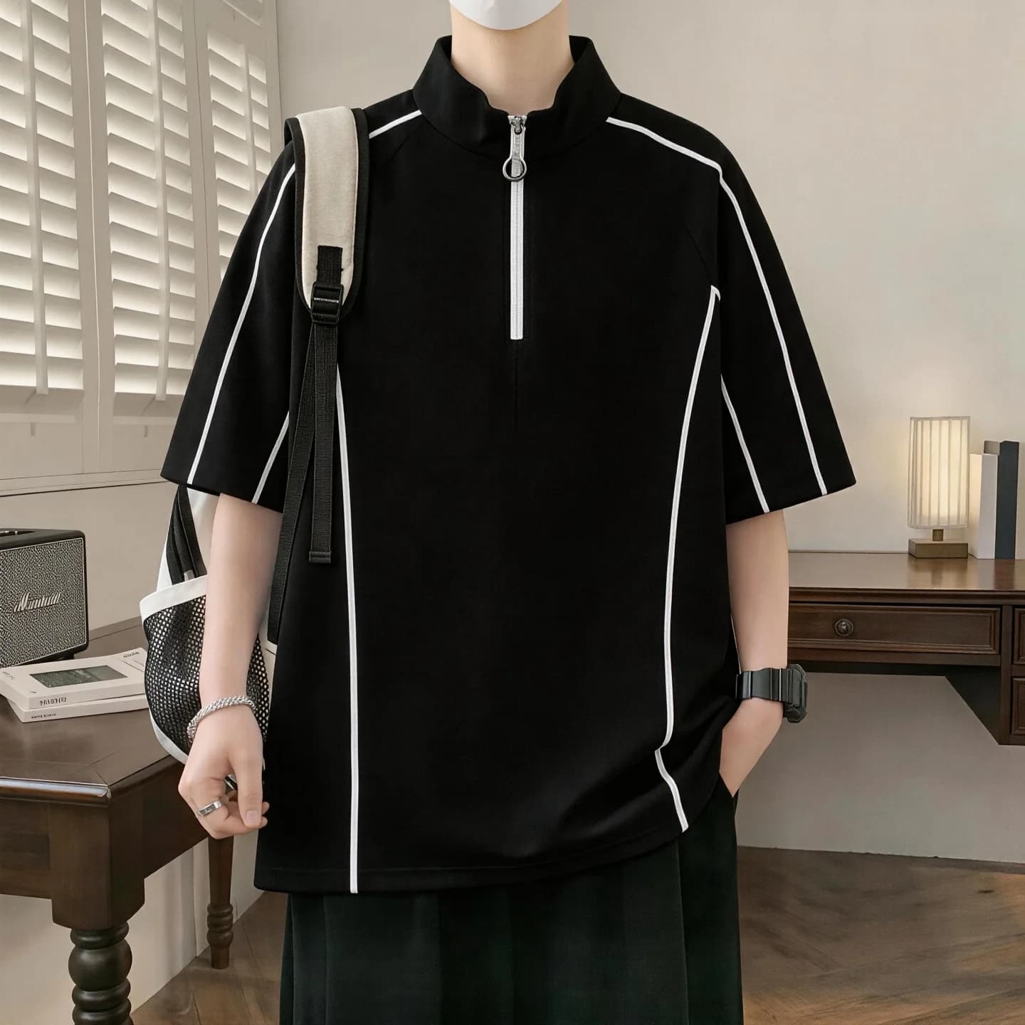2026 Summer New Style Men's Button-down Half-Zip Polo Shirt Loose American Youth Sport T-Shirt Male