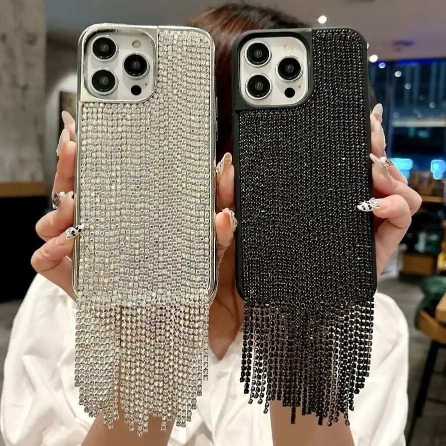 Luxury Shiny Full Rhinestone Crystal Tassel Pendant Phone Case for 17 Pro Max Plating Frame Protective Cover for iPhone 16 15 14