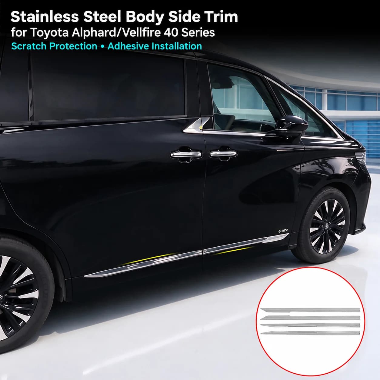 Car Body Side Trim Sticker for Toyota Alphard Vellfire 40 Series 304 Stainless Steel Lower Door Garnish Strips Adhesive Exterior