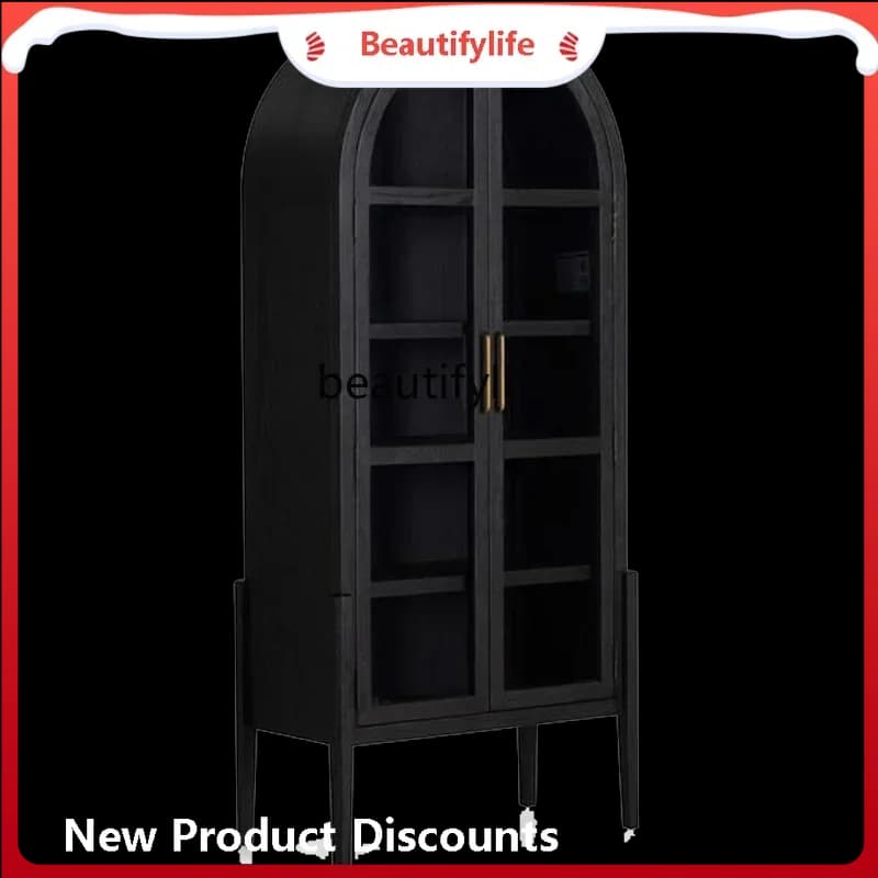 xzAmerican-Style Arched Bookcase French Retro Wine Cabinet Solid Wood Household Black Sideboard Cabinet with Glass Door
