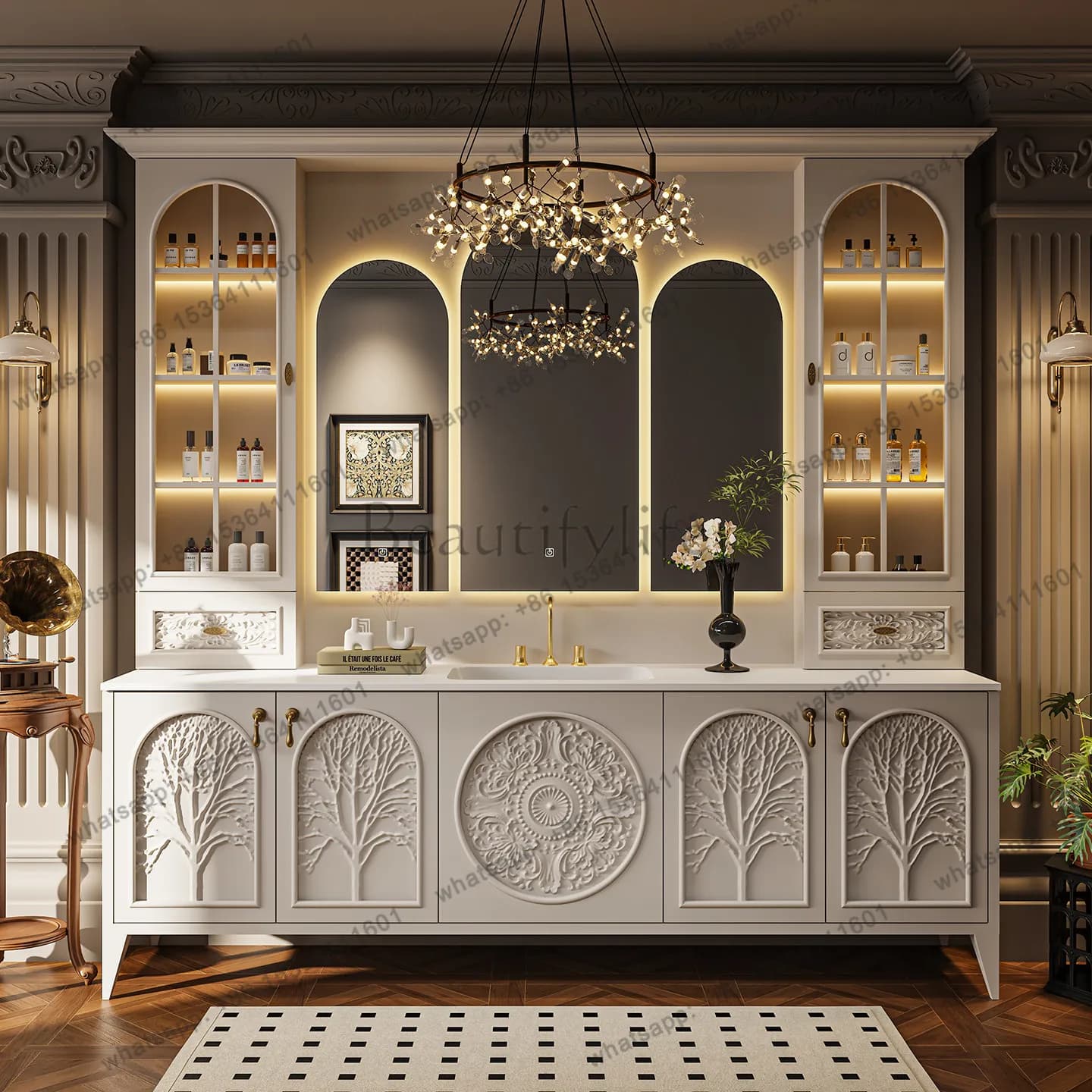 Oak French retro floor-to-ceiling bathroom cabinet combination bathroom washbasin cabinet