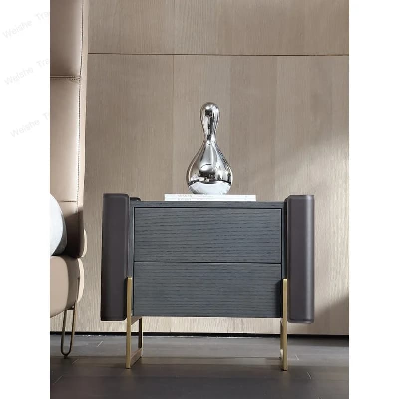 Italian minimalist black oak solid wood bedside table, modern light luxury leather storage side cabinet