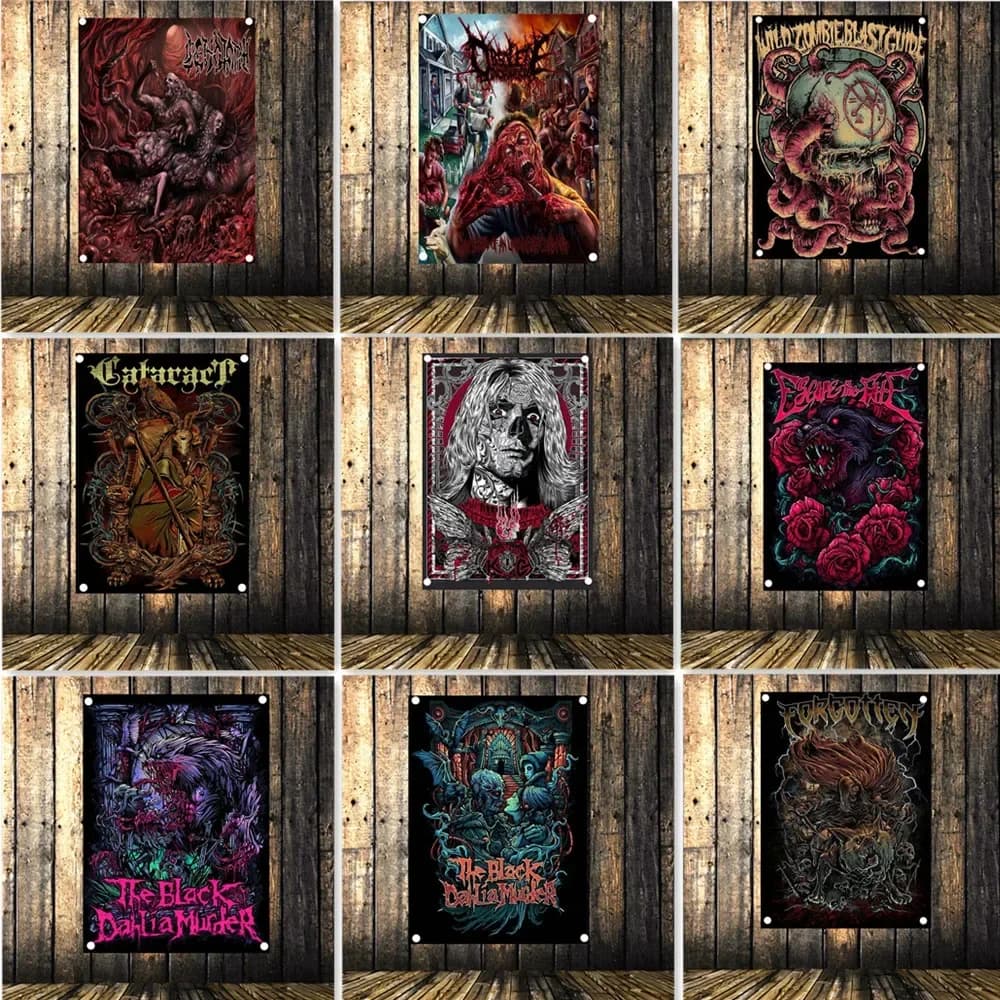 Bloody Dark Death Art Poster Wall Hanging Flag Tapestry Metal Art Rock Music Poster Club Bar Pub Home Decor Banner Wall Painting