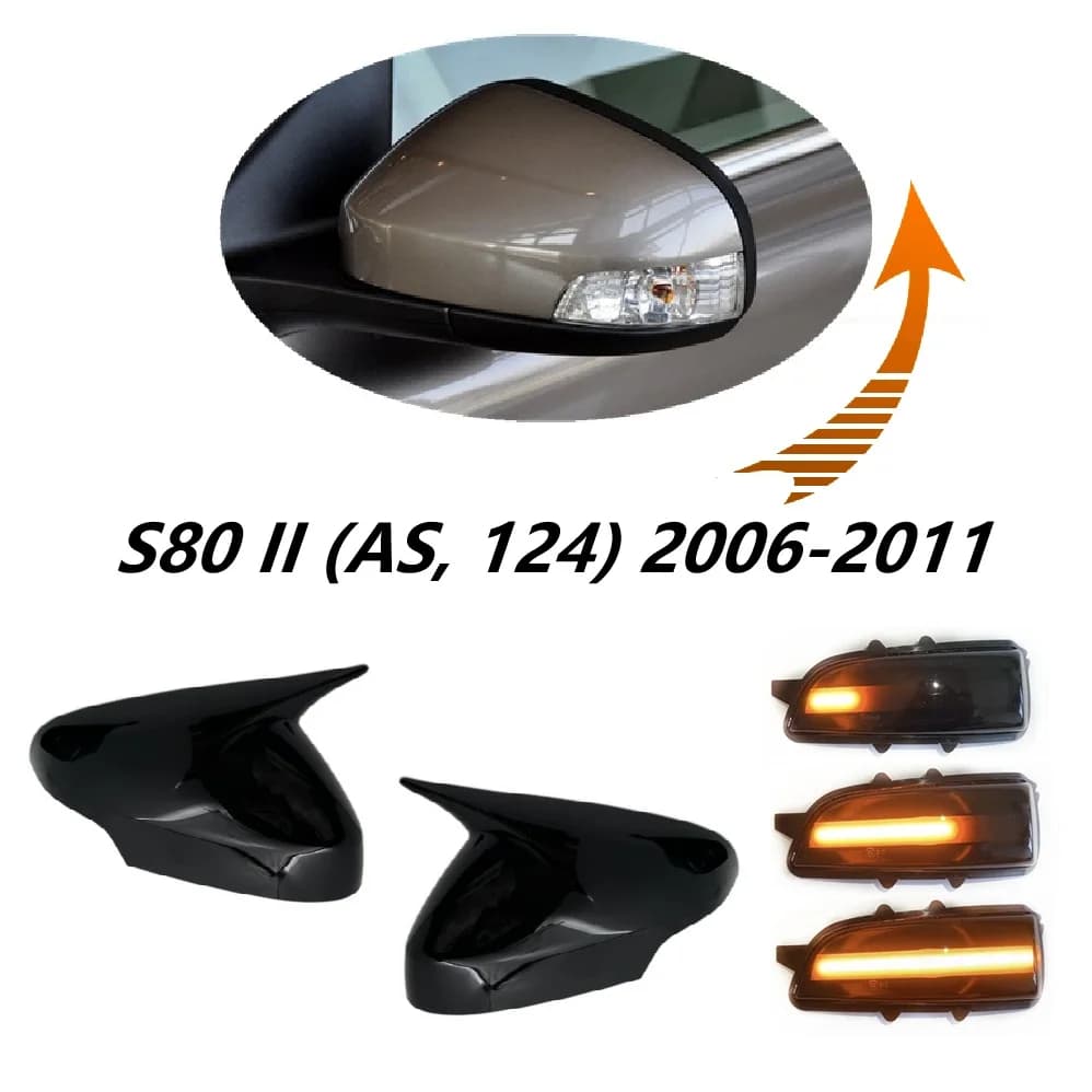 for VOLVO S80 MK2 II AS 124 2006 - 2011 Upgrade Set Gloss Black Horn Stylish Wing Mirror Stick-on Cap Dynamic Blinker